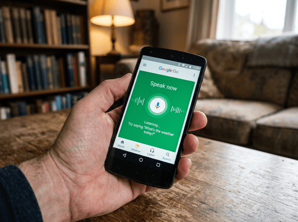Smartphone displaying Google Go app voice search interface with 'Speak now' prompt