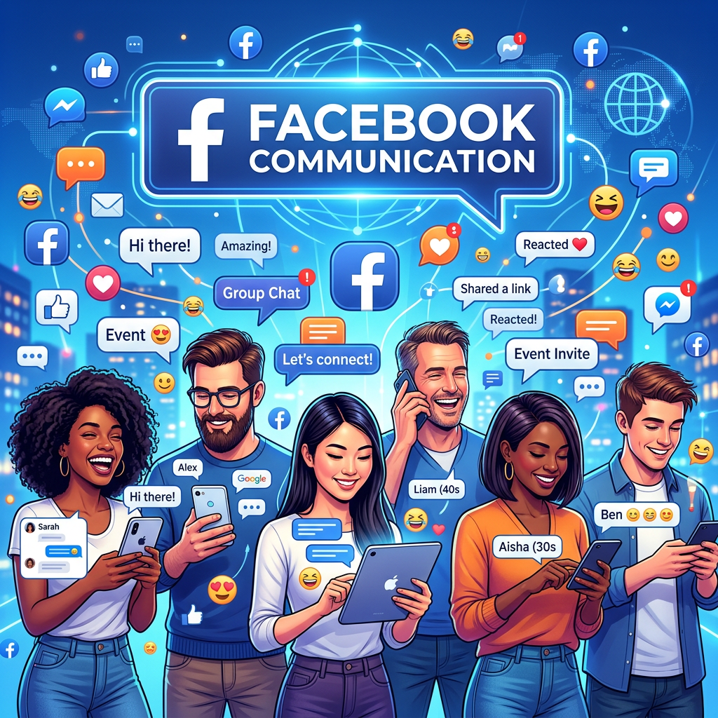 Five diverse adults using smartphones and tablets with Facebook communication icons and messages