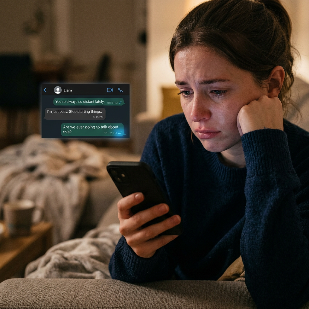 Woman looking sad and distressed while holding a phone with messages about relationship distance