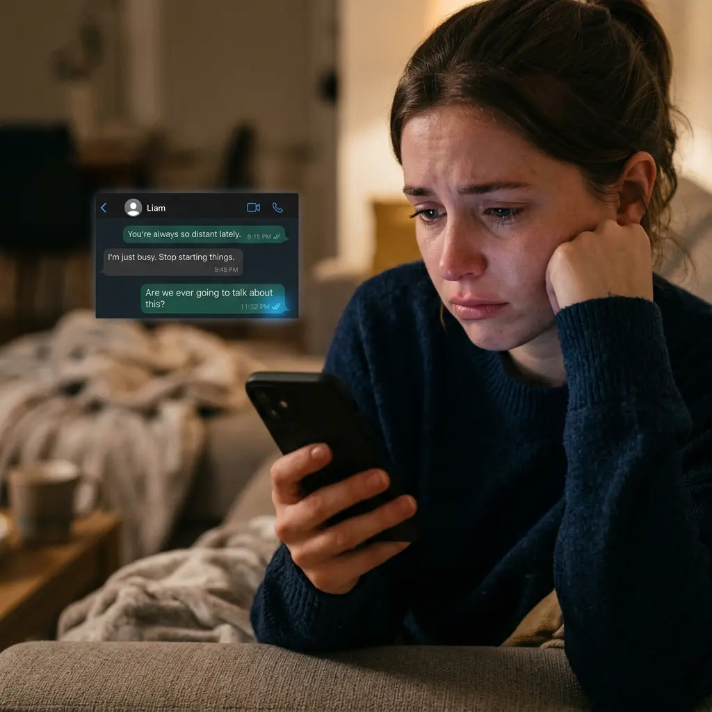 Woman looking sad and distressed while holding a phone with messages about relationship distance