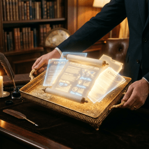 Holographic business documents including strategic initiatives, report, and charter on an ornate golden tray