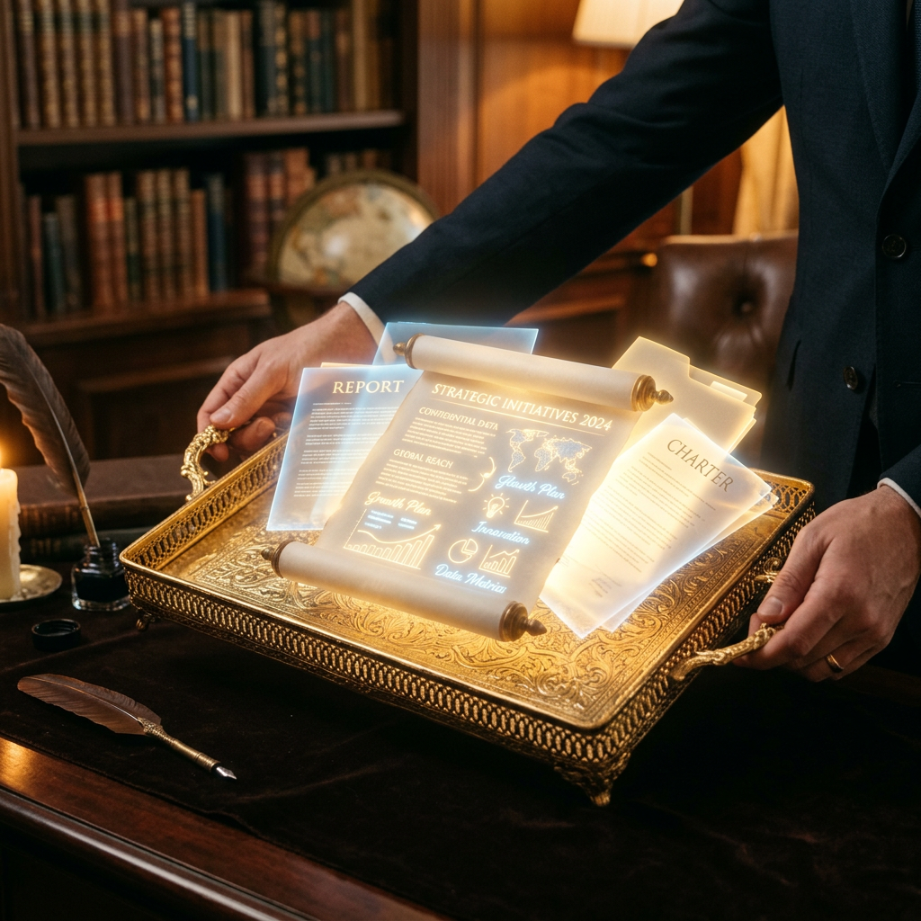 Holographic business documents including strategic initiatives, report, and charter on an ornate golden tray
