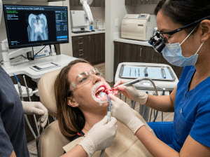 Dentist using dental tools on patient with tooth image on monitor showing cavity treatment progress