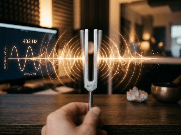 Hand holding a 432 Hz tuning fork with sound waves visualized in a recording studio