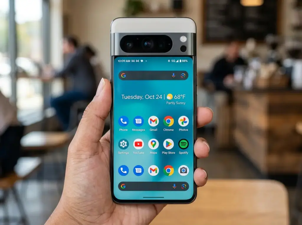 Google Pixel 7 Pro smartphone showing home screen with apps and weather
