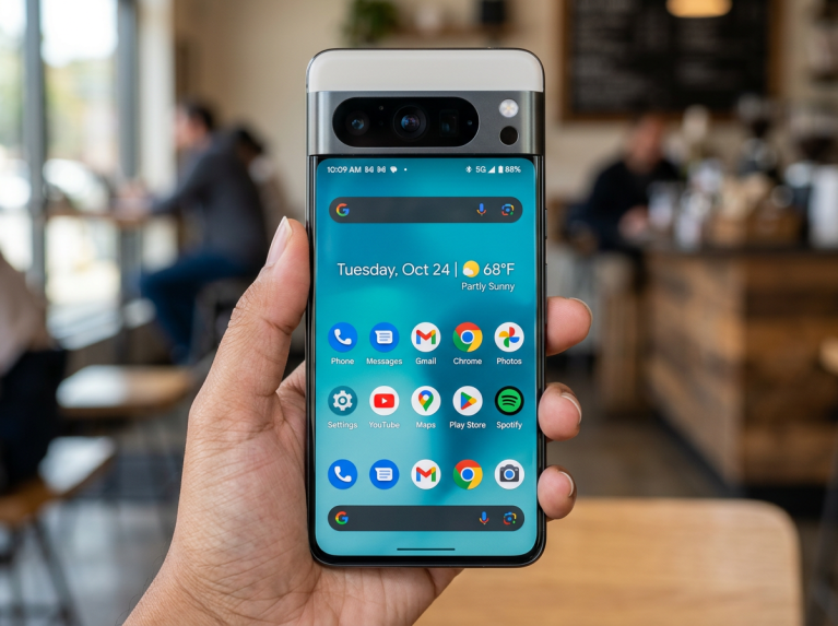 Google Pixel 7 Pro smartphone showing home screen with apps and weather