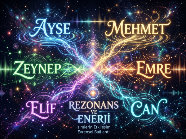 Cosmic network with names Ayşe, Mehmet, Zeynep, Emre, Elif, Can and text 'Rezonans ve Enerji İsimlerin Etkileşimi Evrensel Bağlantı'