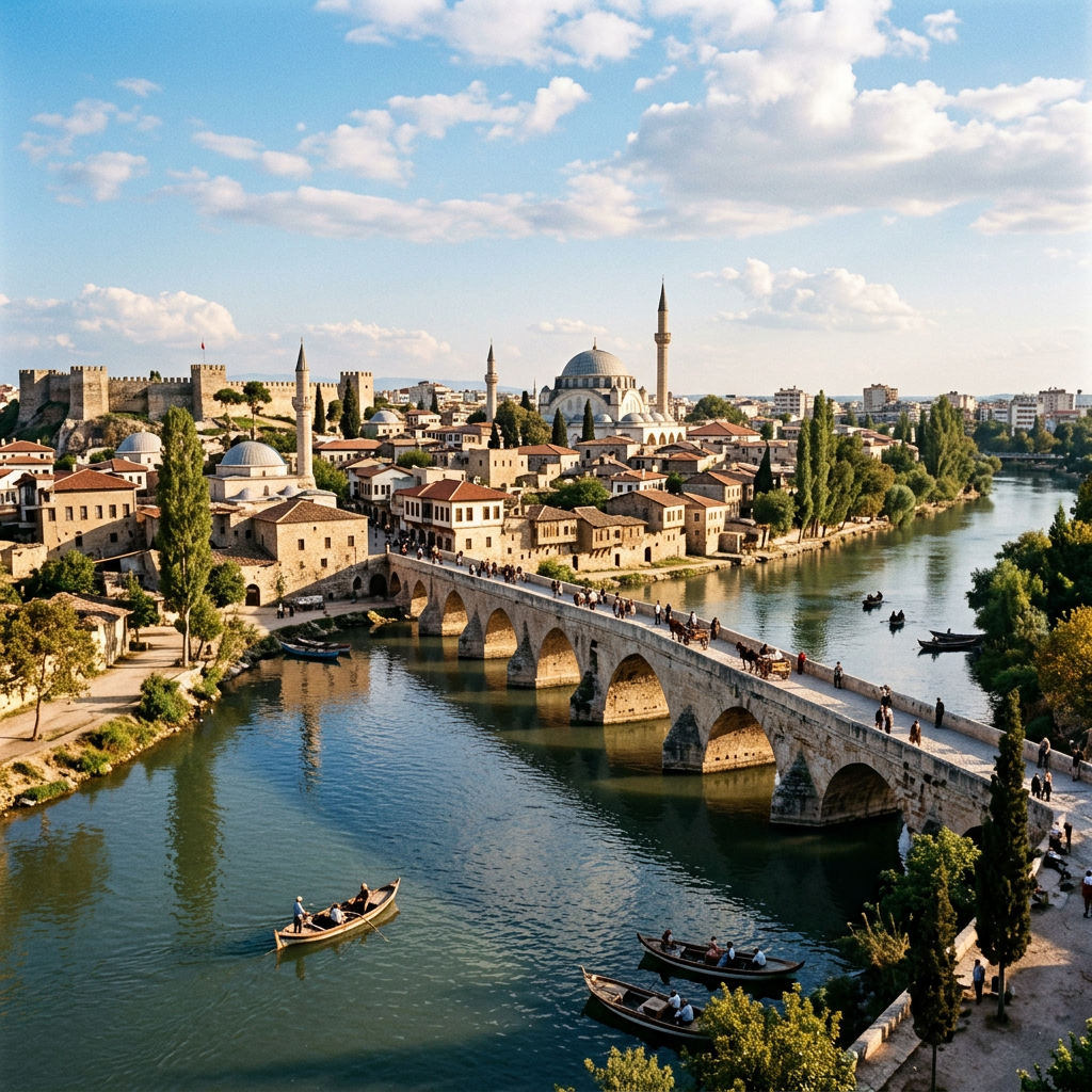 Stone arch bridge over river with boats and Ottoman-style buildings