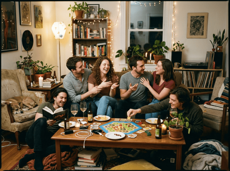 Six friends playing a board game and laughing in a cozy living room