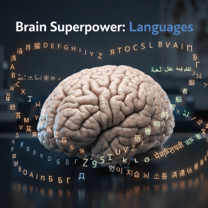Human brain surrounded by floating multilingual letters and words