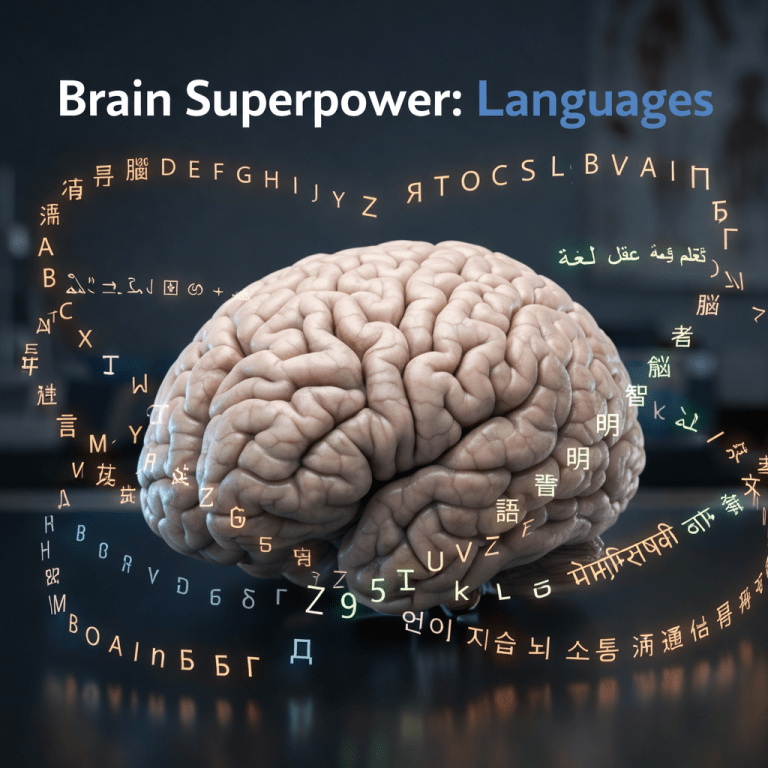 Human brain surrounded by floating multilingual letters and words