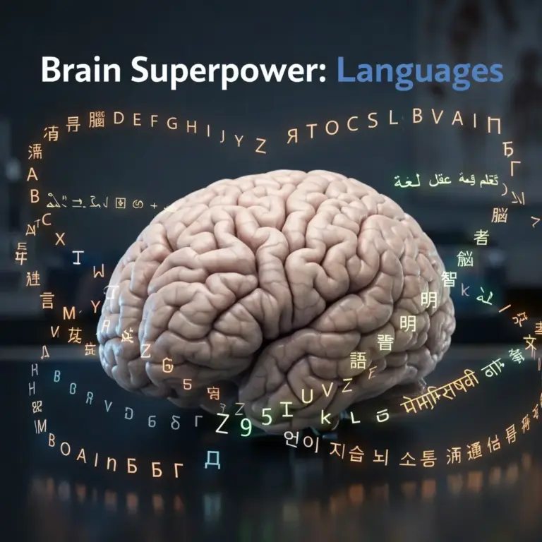 Human brain surrounded by floating multilingual letters and words