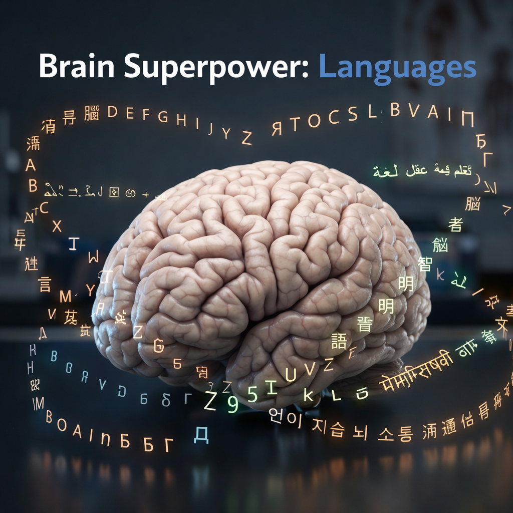 Human brain surrounded by floating multilingual letters and words