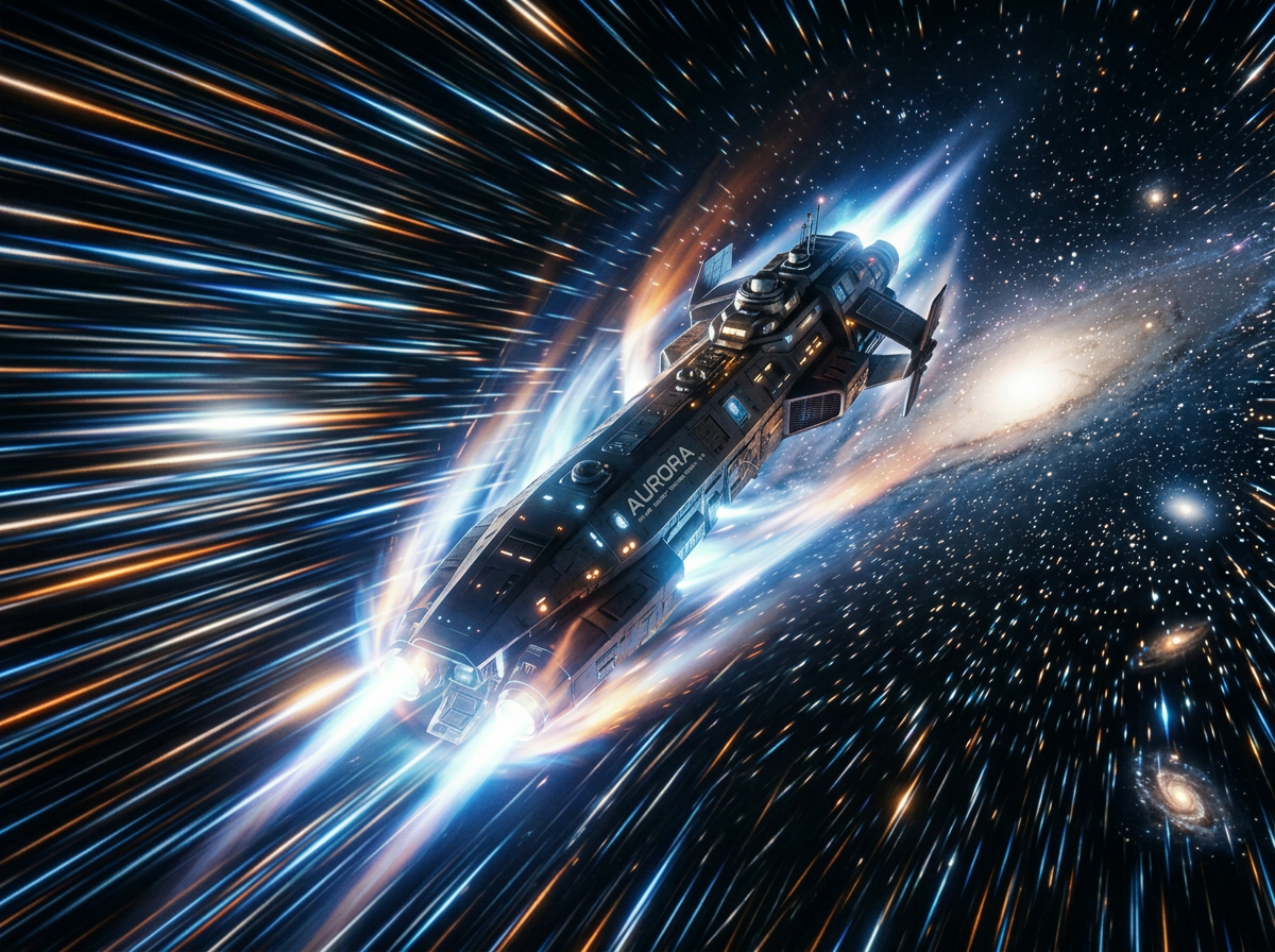 Futuristic spaceship Aurora traveling at high speed through space with star streaks and galaxy background
