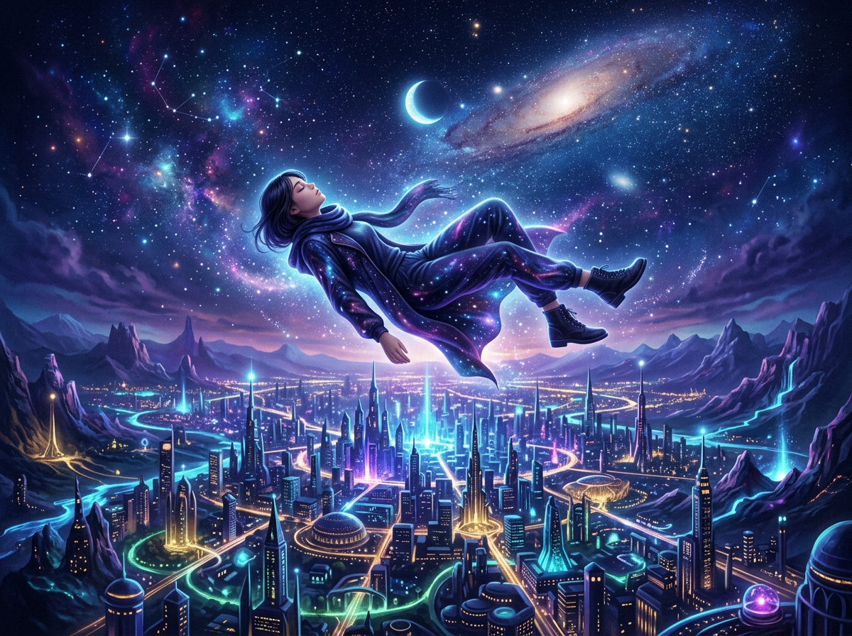 A person floating peacefully above a glowing futuristic city with starry sky and galaxies