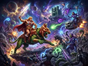 Heroic warrior on armored tiger fighting skeletal enemies in space inspired by he-man