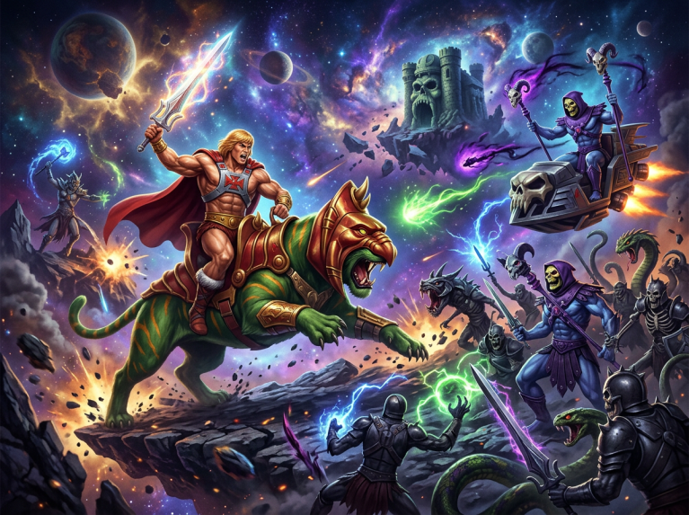 Heroic warrior on armored tiger fighting skeletal enemies in space inspired by he-man