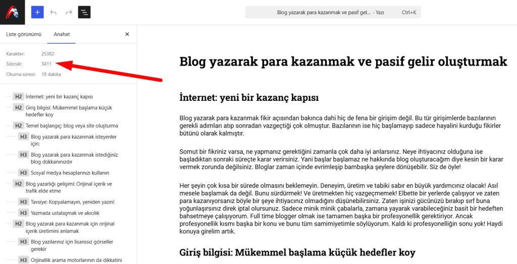 Blog yazma aracının kullanıcı arayüzü, karakter ve kelime sayısı bilgilerinin yanı sıra okuma süresini gösteren bir ekran.