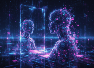 Silhouette made of glowing profile fragments representing digital identity
