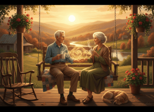Two old friends sitting together at golden hour symbolizing enduring friendship