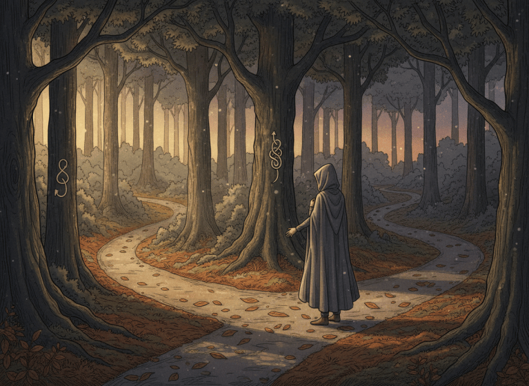 Bir yol ayrımında duran kişi silueti