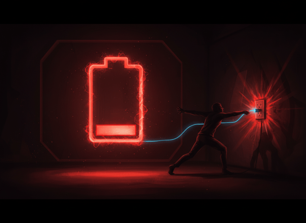 Person reaching for a charger under a glowing low battery icon