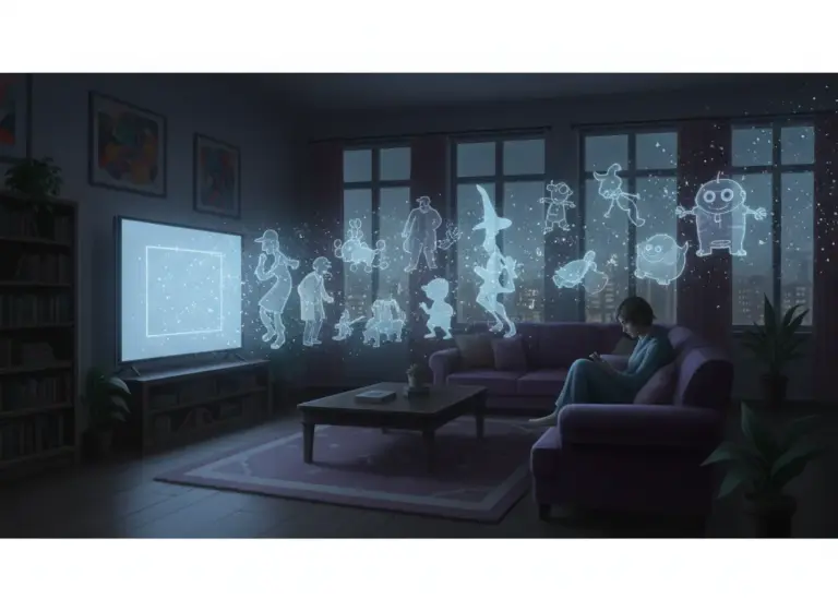 Person on a couch watching characters fade away after a show ends
