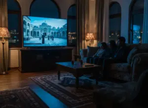 Gece oturma odasında televizyonda eski bir Türk dizisi izleyen aile silueti