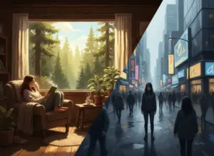Split scene contrasting peaceful solitude with lonely isolation in a crowd