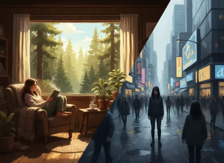 Split scene contrasting peaceful solitude with lonely isolation in a crowd