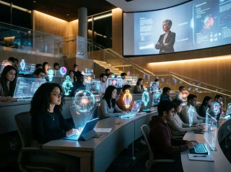 Students using laptops amid futuristic holographic interfaces in a technology-filled lecture hall