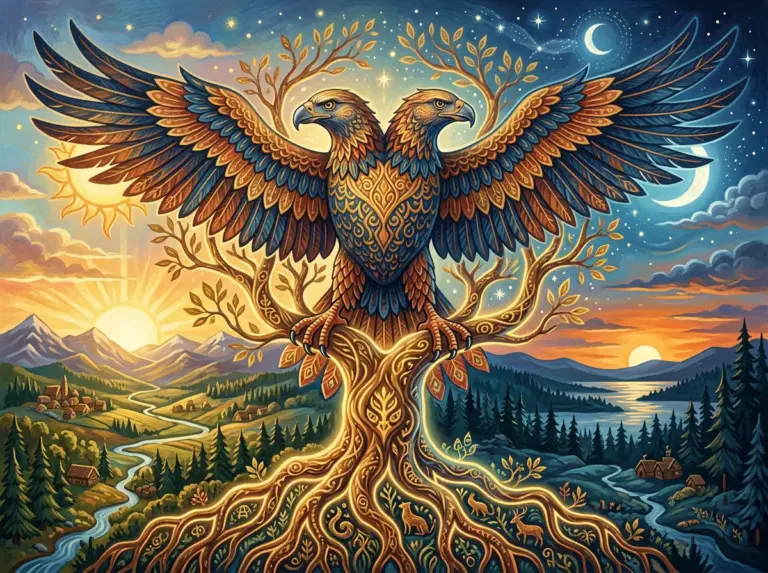 Ornate two-headed eagle with outstretched wings above mountains, forests, and rivers