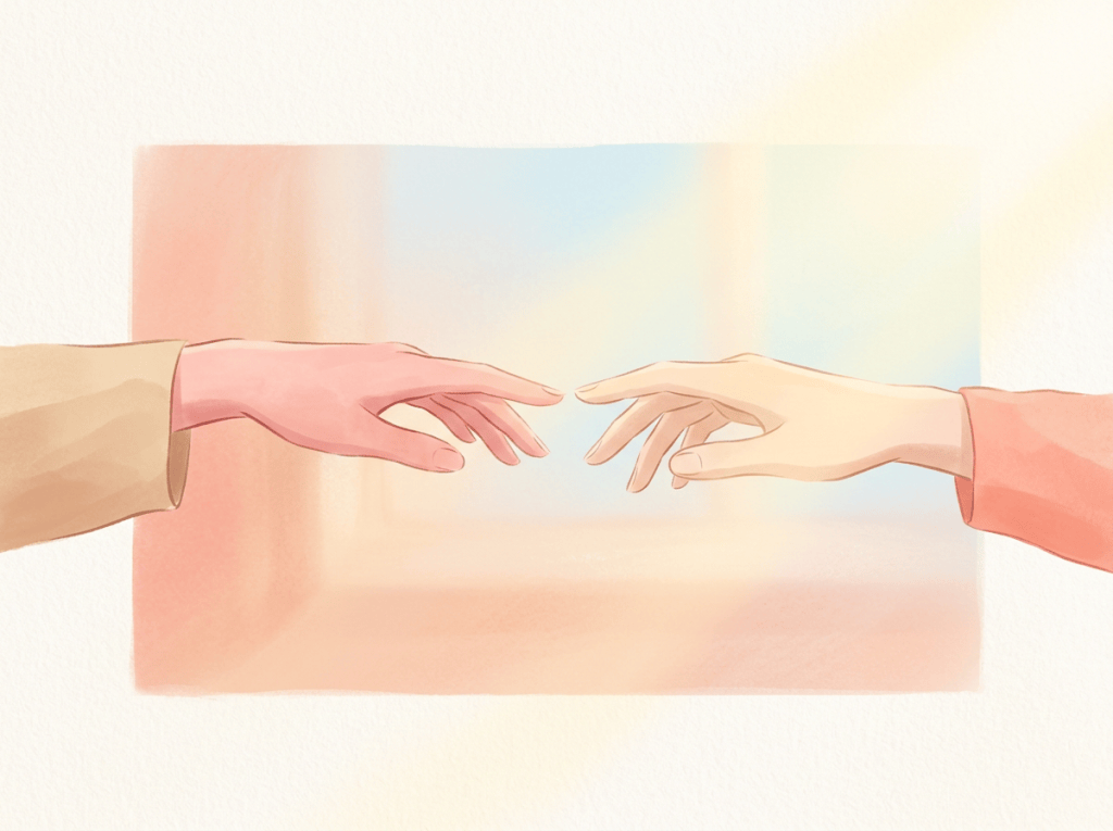 Two hands reaching toward each other without touching