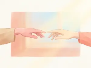 Two hands reaching toward each other without touching