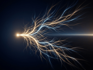 Golden and blue light filaments radiating from a bright point