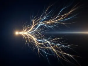 Golden and blue light filaments radiating from a bright point