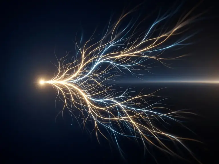 Golden and blue light filaments radiating from a bright point