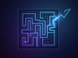 Glowing purple and blue path through a maze ending in an arrow