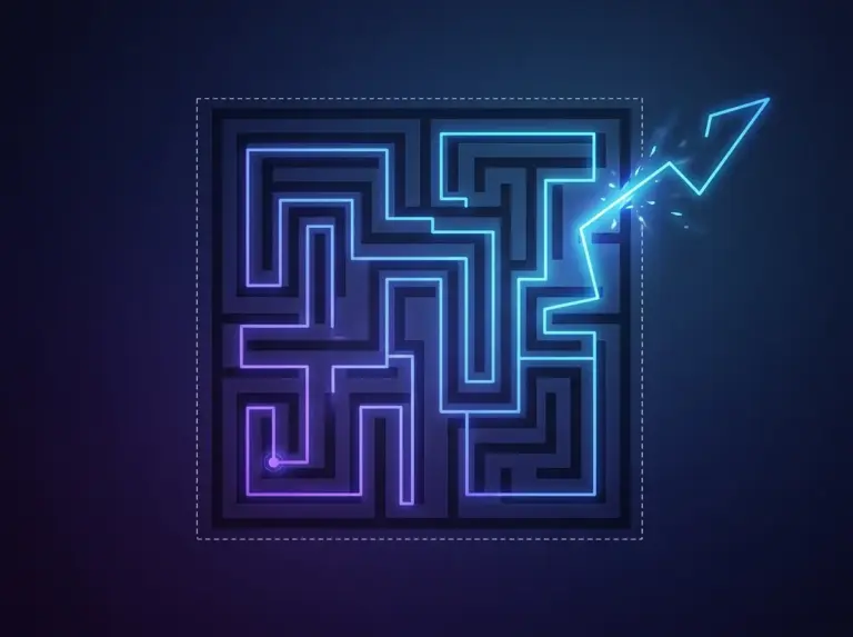 Glowing purple and blue path through a maze ending in an arrow