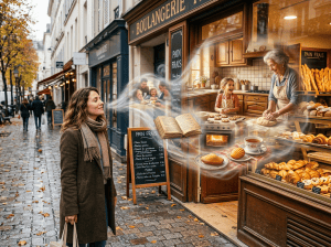 Woman outside boulangerie with translucent family baking scene and pastries