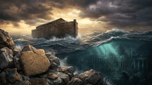 Wooden ark sailing through stormy seas above a submerged ancient city and inscribed stone tablet
