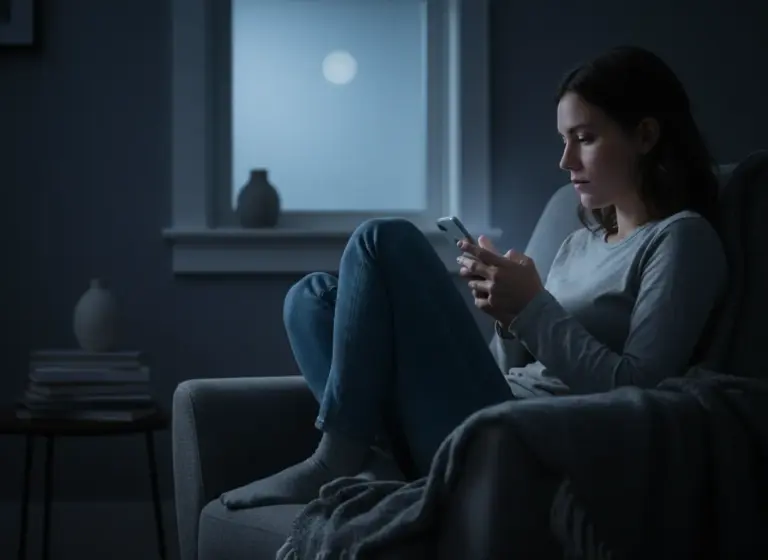 Loş bir odada telefon ekranına bakan kişi, ekran ışığı yüzünü hafifçe aydınlatıyor
